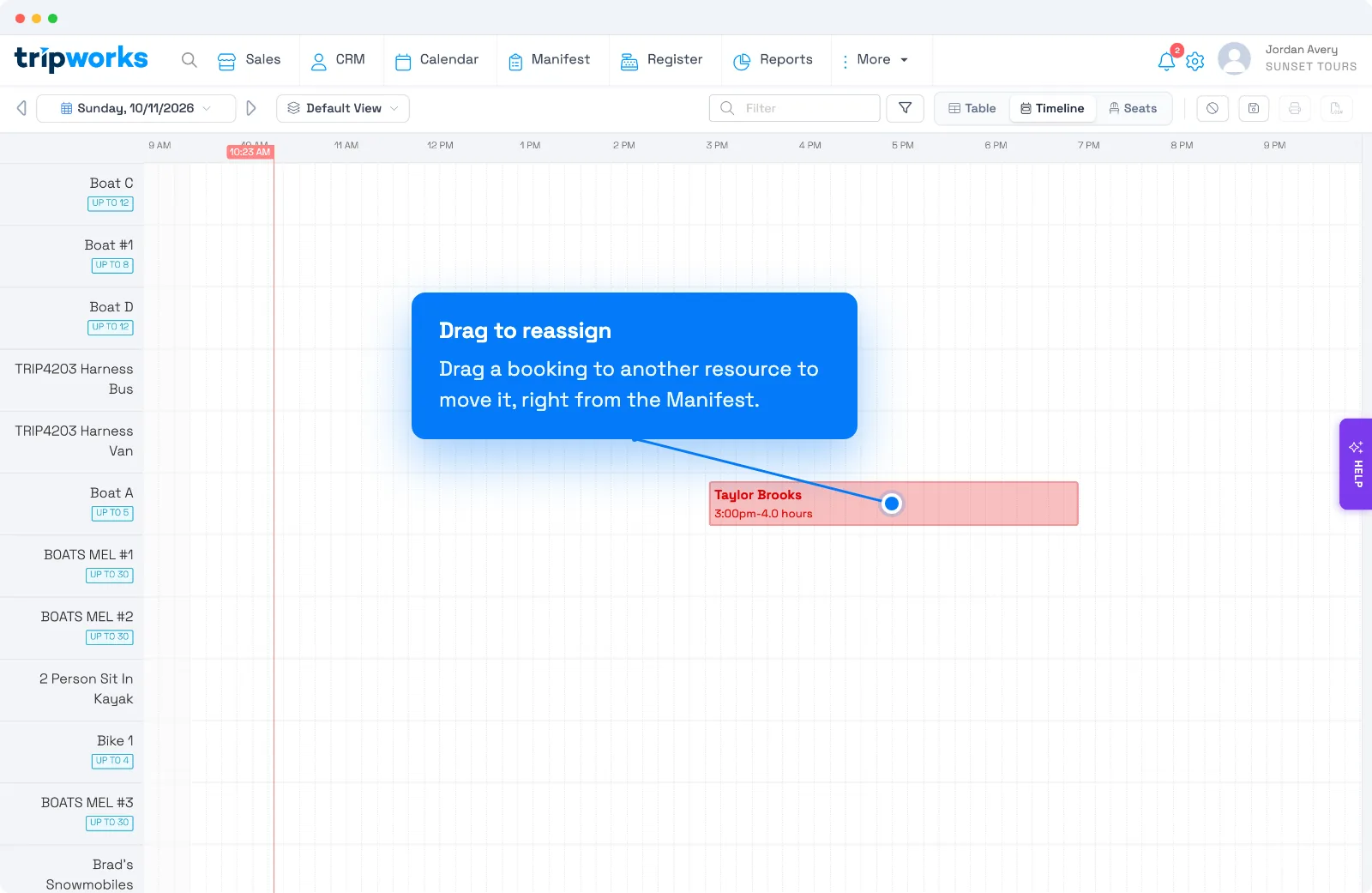 Manage resources by dragging on the TripWorks Manifest Timeline view