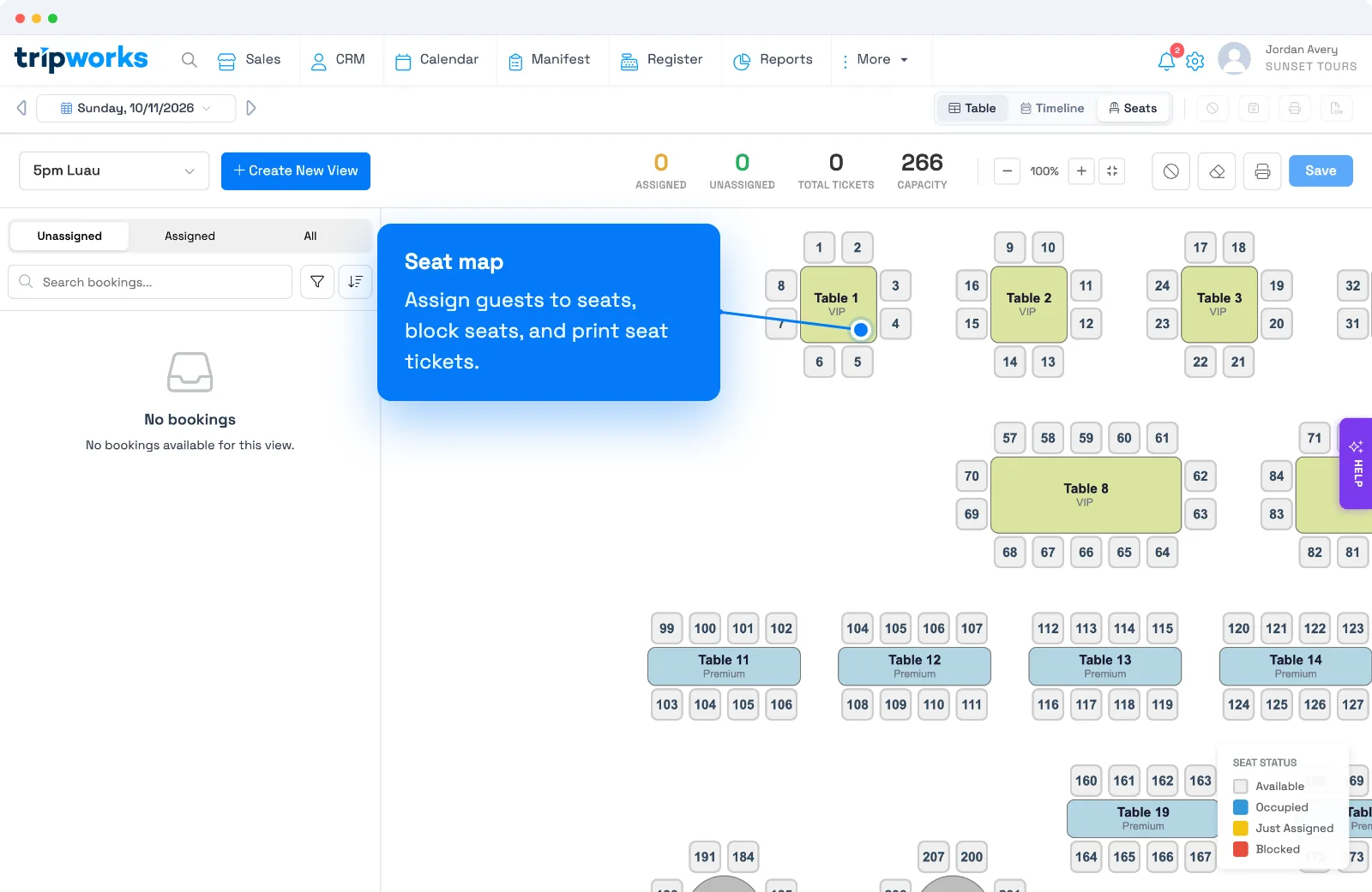 Assign seats on a seat map from the TripWorks Manifest Seats view