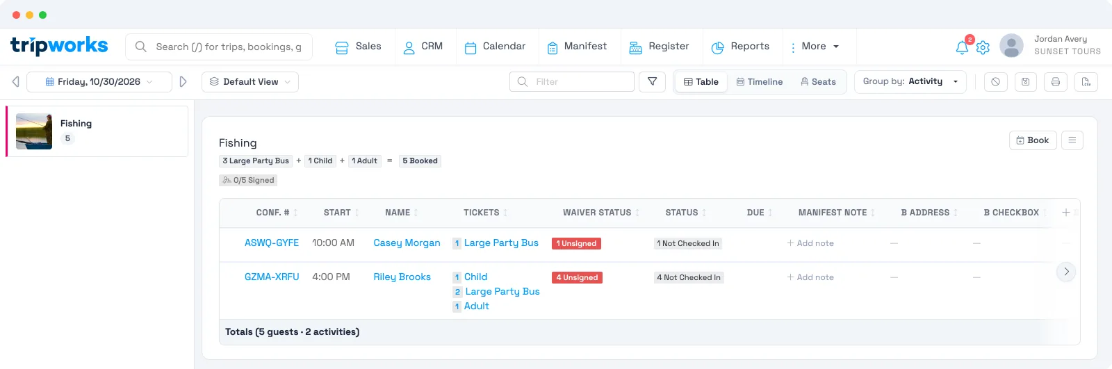 The Manifest in TripWorks showing a day's activity and its bookings in a table with confirmation number, start time, guest name, tickets, waiver status, and check-in status