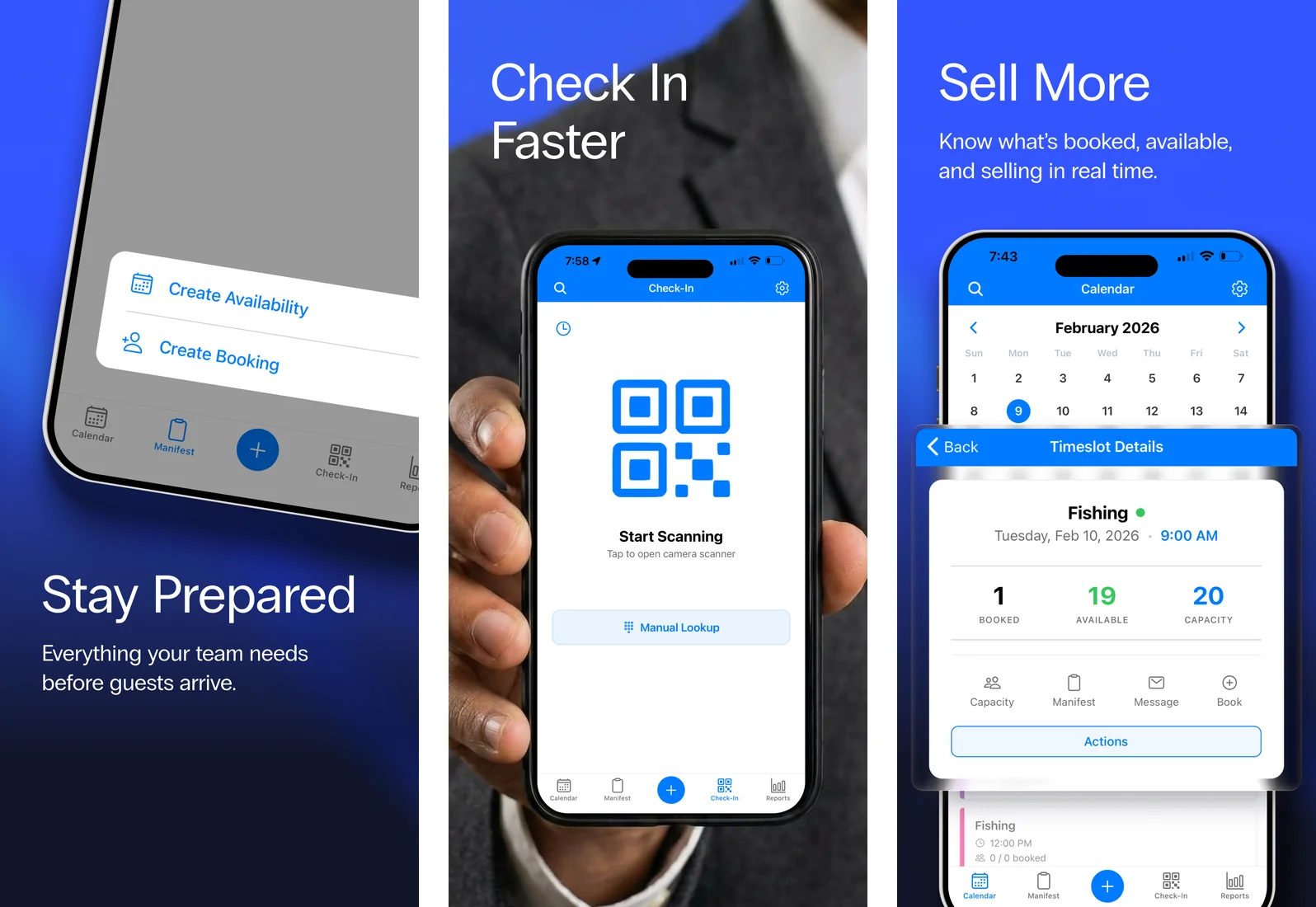 TripWorks mobile app screens — quick create menu, QR check-in, and live timeslot availability
