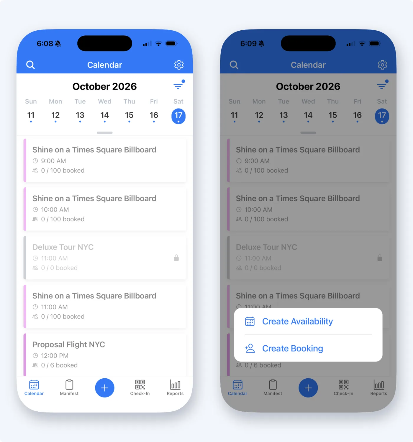 TripWorks mobile app on two iPhones: the Calendar tab with the day's timeslots, and the plus menu with Create Availability and Create Booking