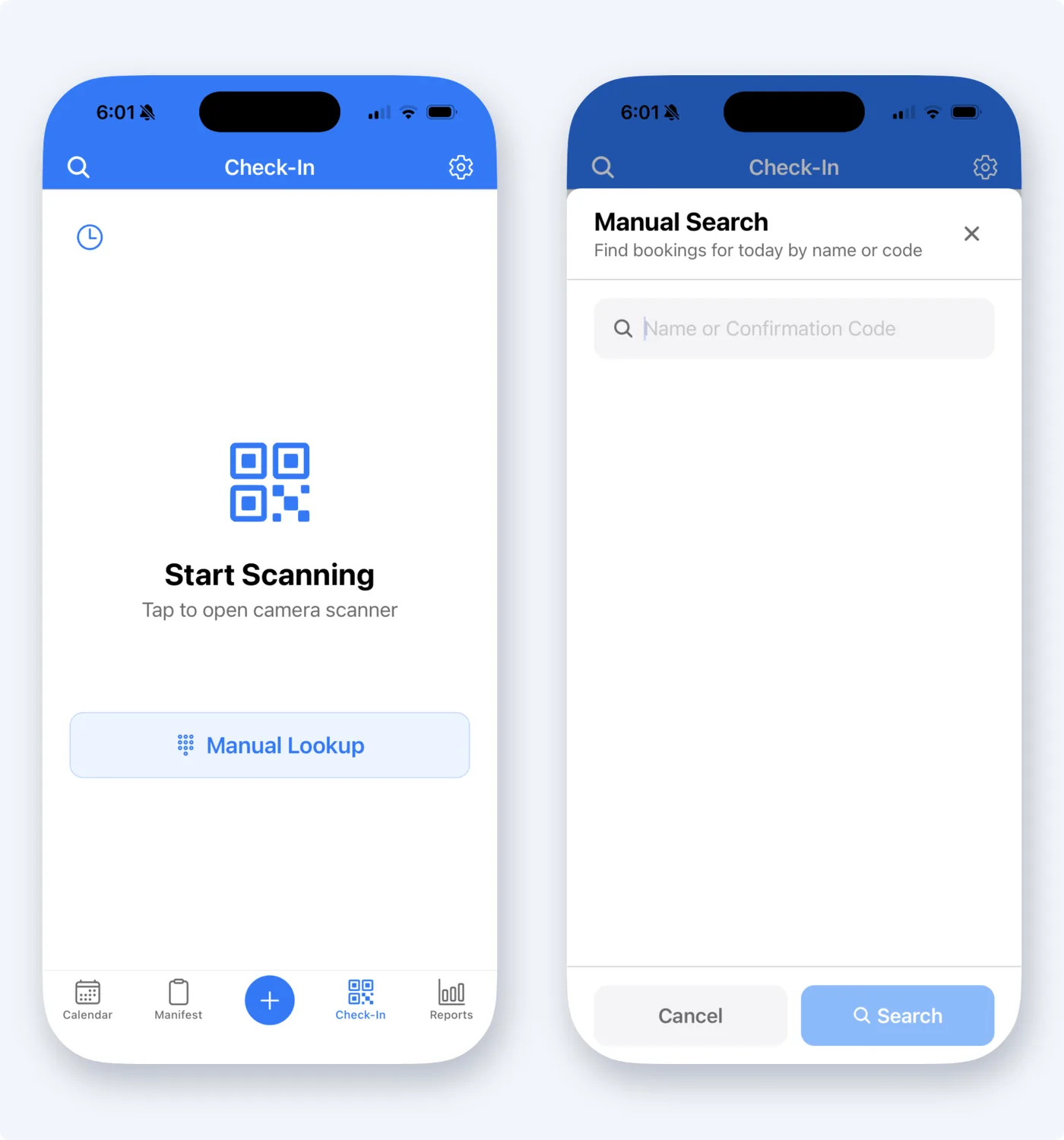 TripWorks mobile app on two iPhones: the Check-In tab with Start Scanning and Manual Lookup, and the Manual Search screen