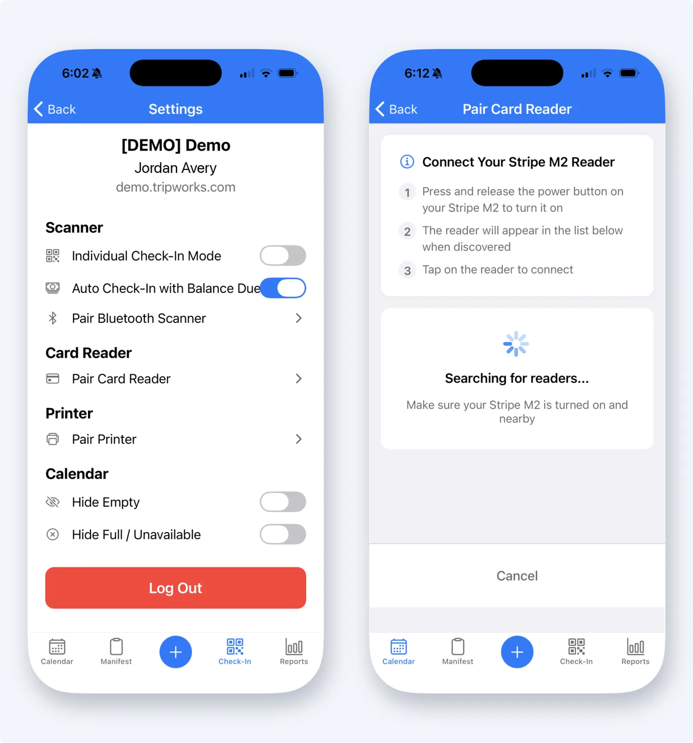 TripWorks mobile app on two iPhones: Settings with scanner, card reader and printer options, and the Pair Card Reader screen