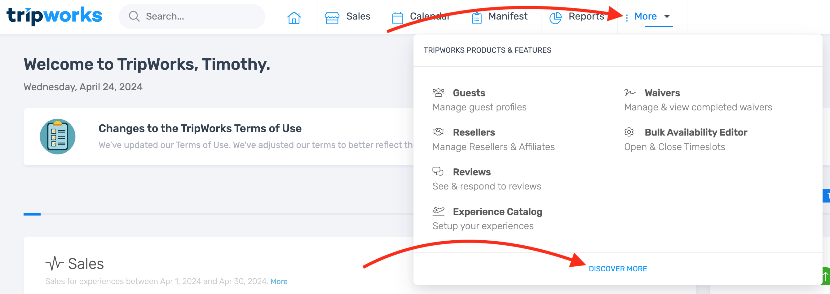 The More menu open in the toolbar, with Discover More highlighted