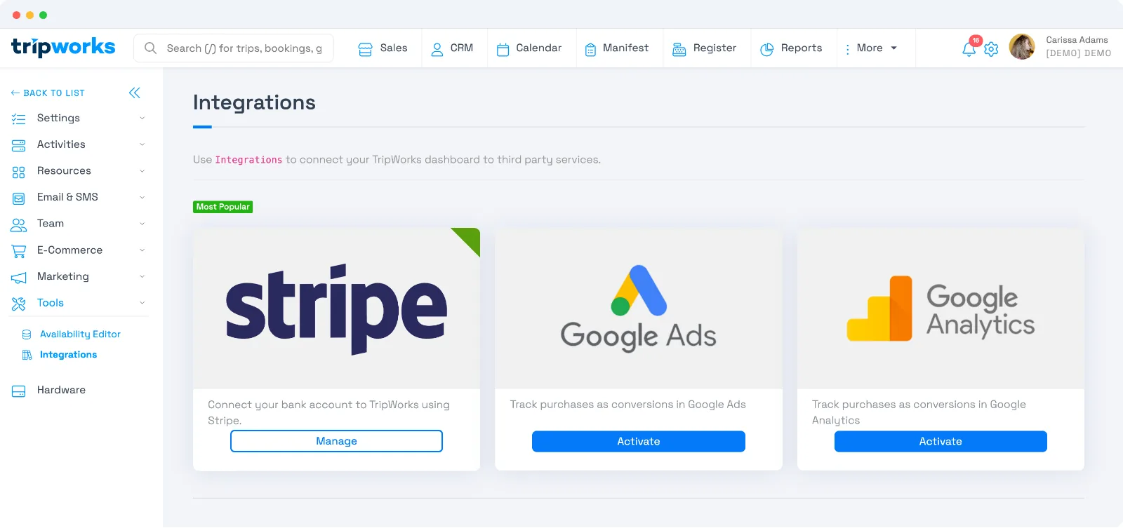 The TripWorks Integrations page with Google Analytics, Google Ads, and Stripe as popular integrations, each with an Activate button