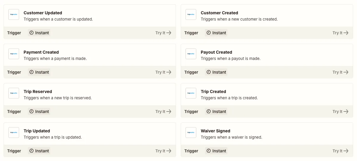 The eight TripWorks triggers shown on the Zapier app listing: Customer Updated, Customer Created, Payment Created, Payout Created, Trip Reserved, Trip Created, Trip Updated, and Waiver Signed, each marked Instant