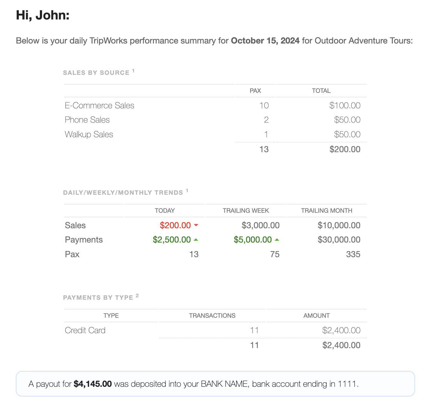 The Daily Executive Summary report showing sales by source, trends, and payments by type