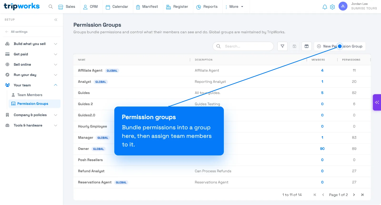 The Permission Groups list showing groups like Owner, Manager, Reservations Agent, and Guides, each with a member count and permission count