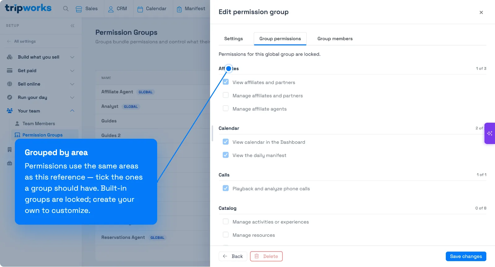 A permission group's Group permissions tab, showing permissions grouped by area (Affiliates, Calendar, Calls, Catalog) with checkboxes and a count per area