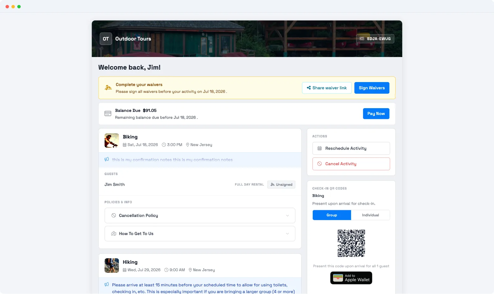 A guest's customer portal in TripWorks, showing a welcome header, a Complete your waivers banner, a Balance Due with Pay Now, activity details with reschedule and cancel actions, and check-in QR codes
