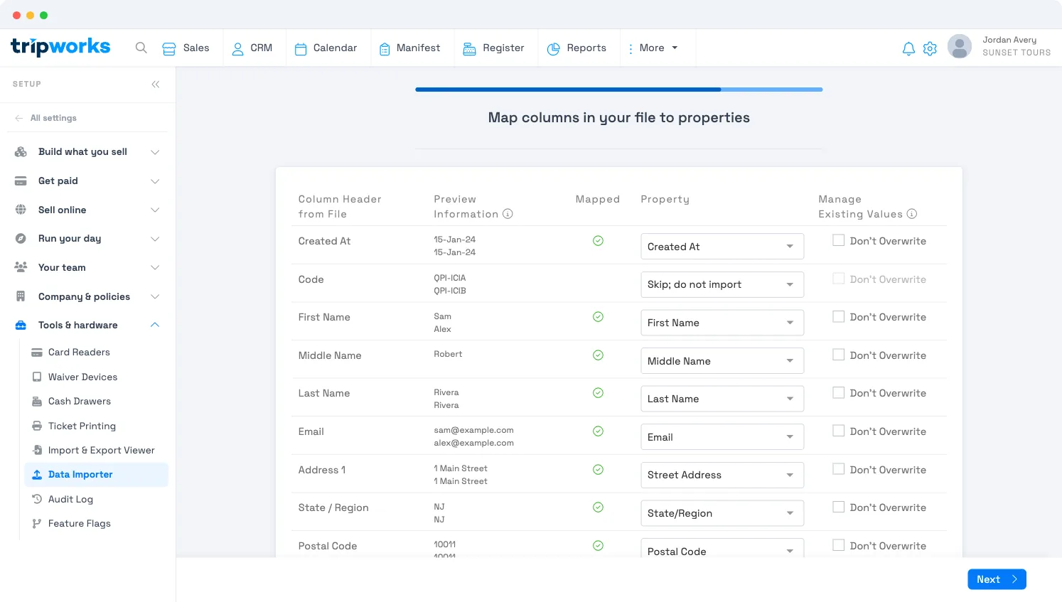 The importer's column-mapping step: each file column with a data preview, a green check when matched, a Property dropdown mapping it to a TripWorks field, and a Don't Overwrite option