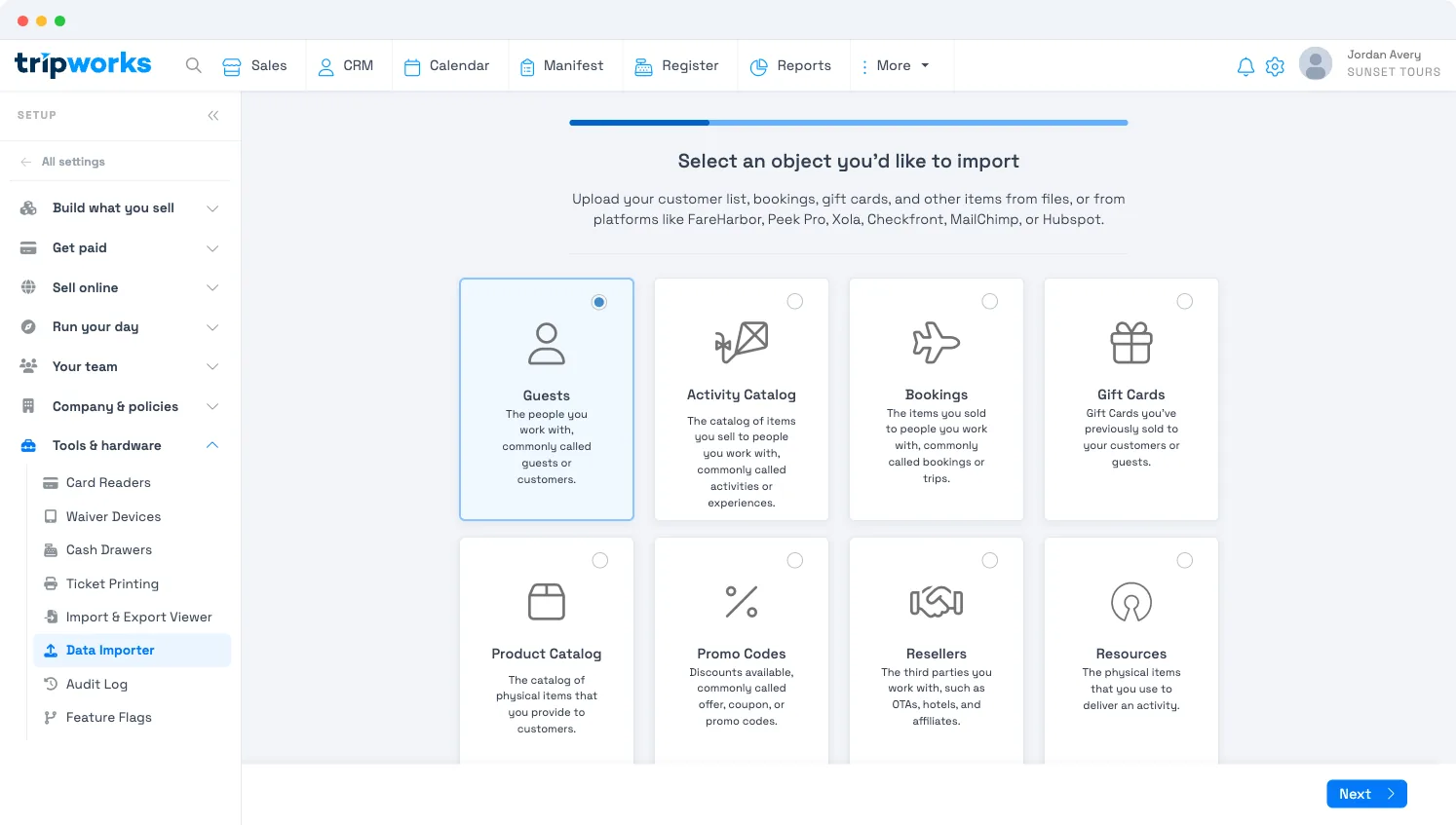 The Data Importer's first step — a card for each type you can import: Guests, Activity Catalog, Bookings, Gift Cards, Product Catalog, Promo Codes, Resellers, and Resources
