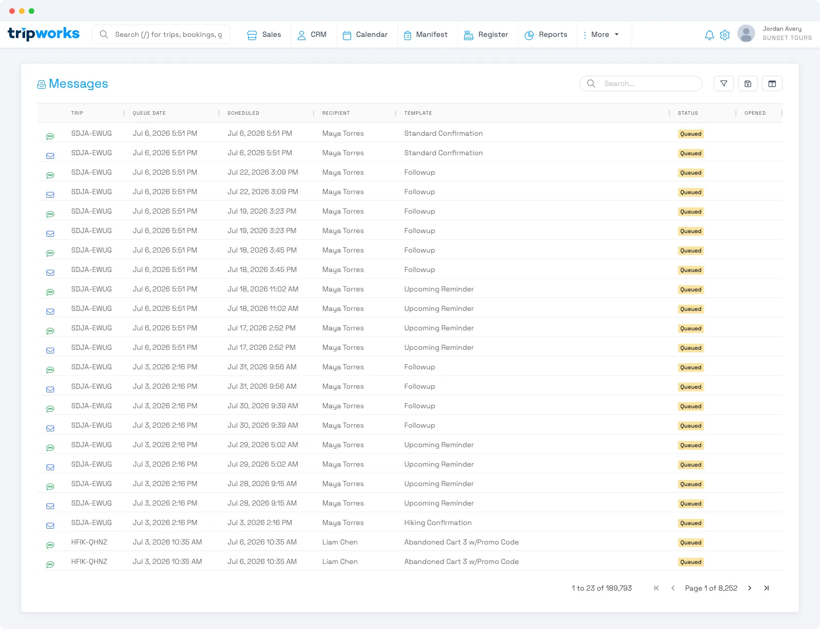 View sent and scheduled messages in TripWorks — the Messages list showing Trip, Queue Date, Scheduled, Recipient, Template, and Status columns