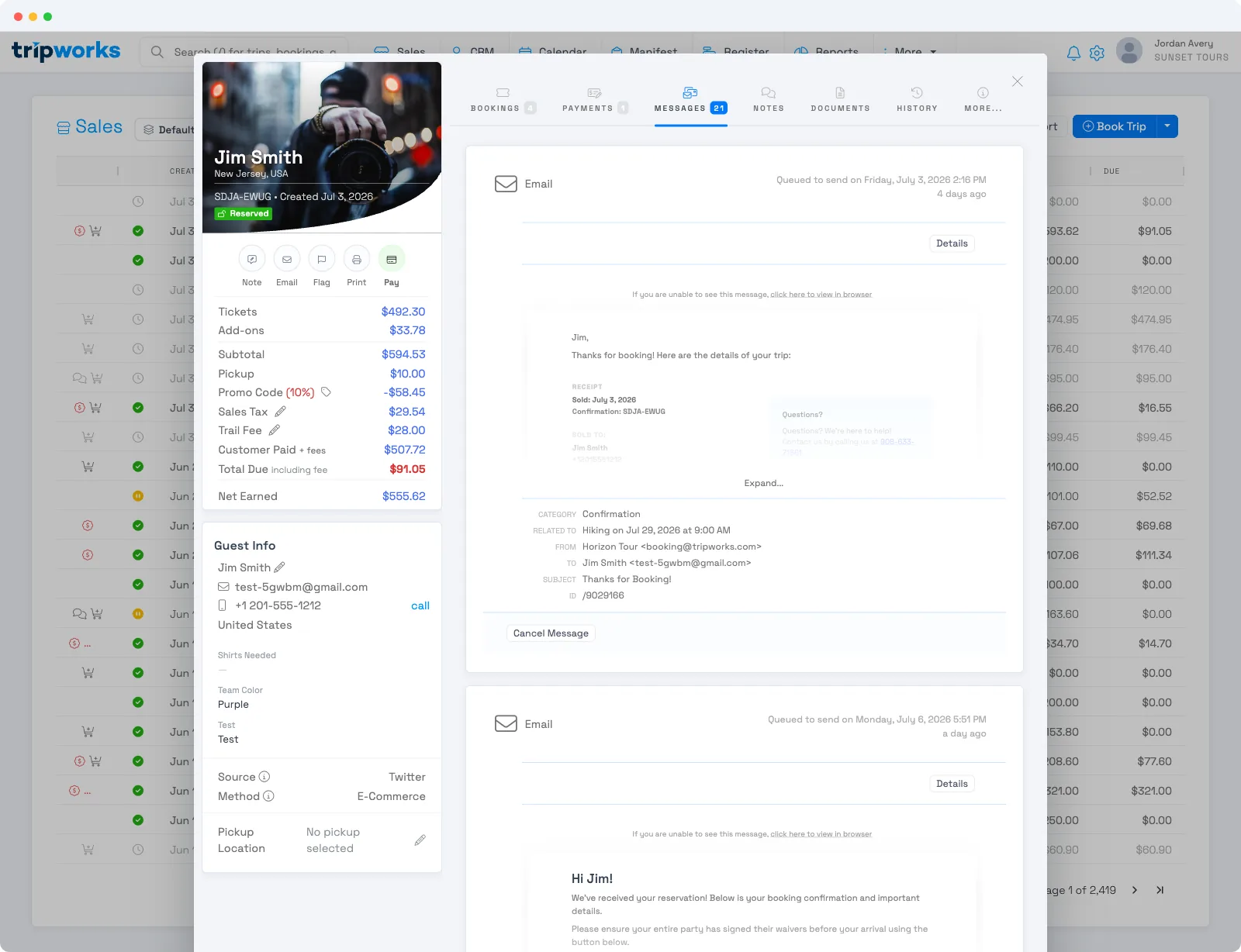 A trip's Messages tab, showing each email and text sent to the guest with its status, a Details link, and a Cancel Message button