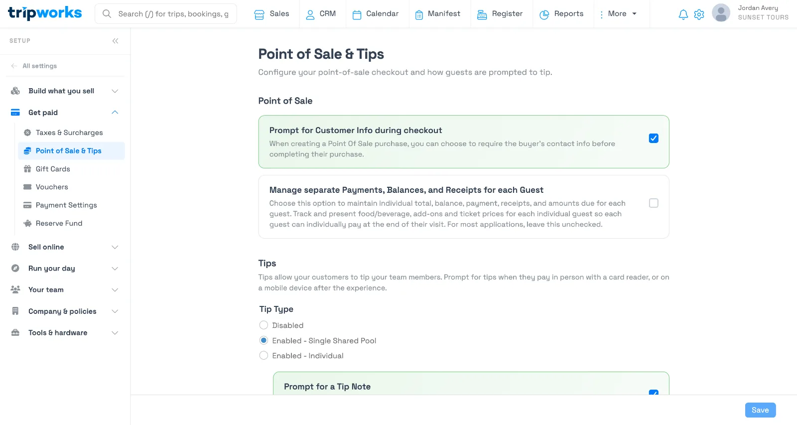 The Point of Sale settings page in TripWorks, showing the checkbox to manage separate payments, balances, and receipts for each guest