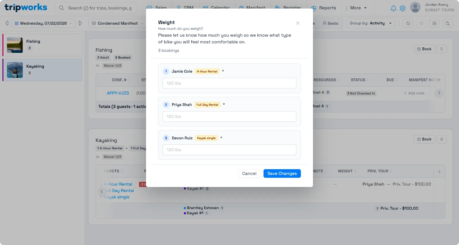 A manifest edit window for a Weight custom field, listing each guest on the booking with their own input