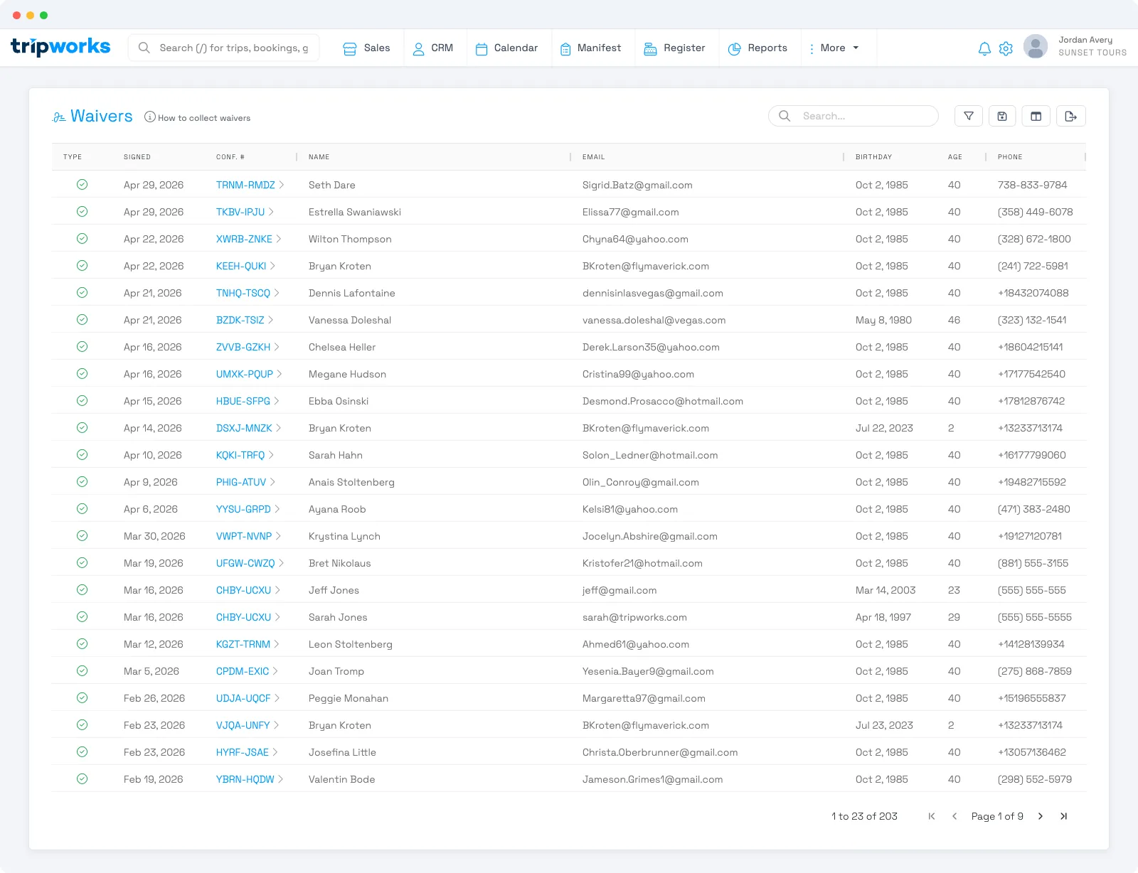 The account-wide Waivers list showing signed date, confirmation code, guest name, email, and phone for each signed waiver