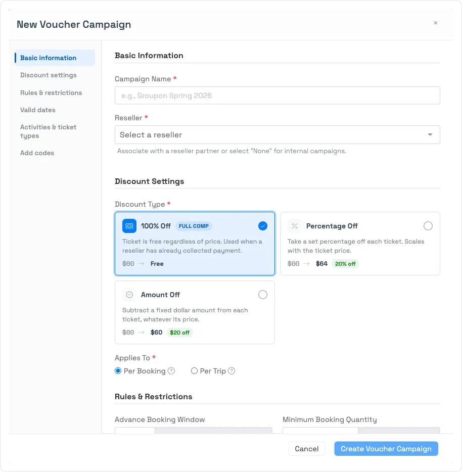 Voucher codes in TripWorks — the New Voucher Campaign form with reseller and 100% Off / Percentage / Amount discount types