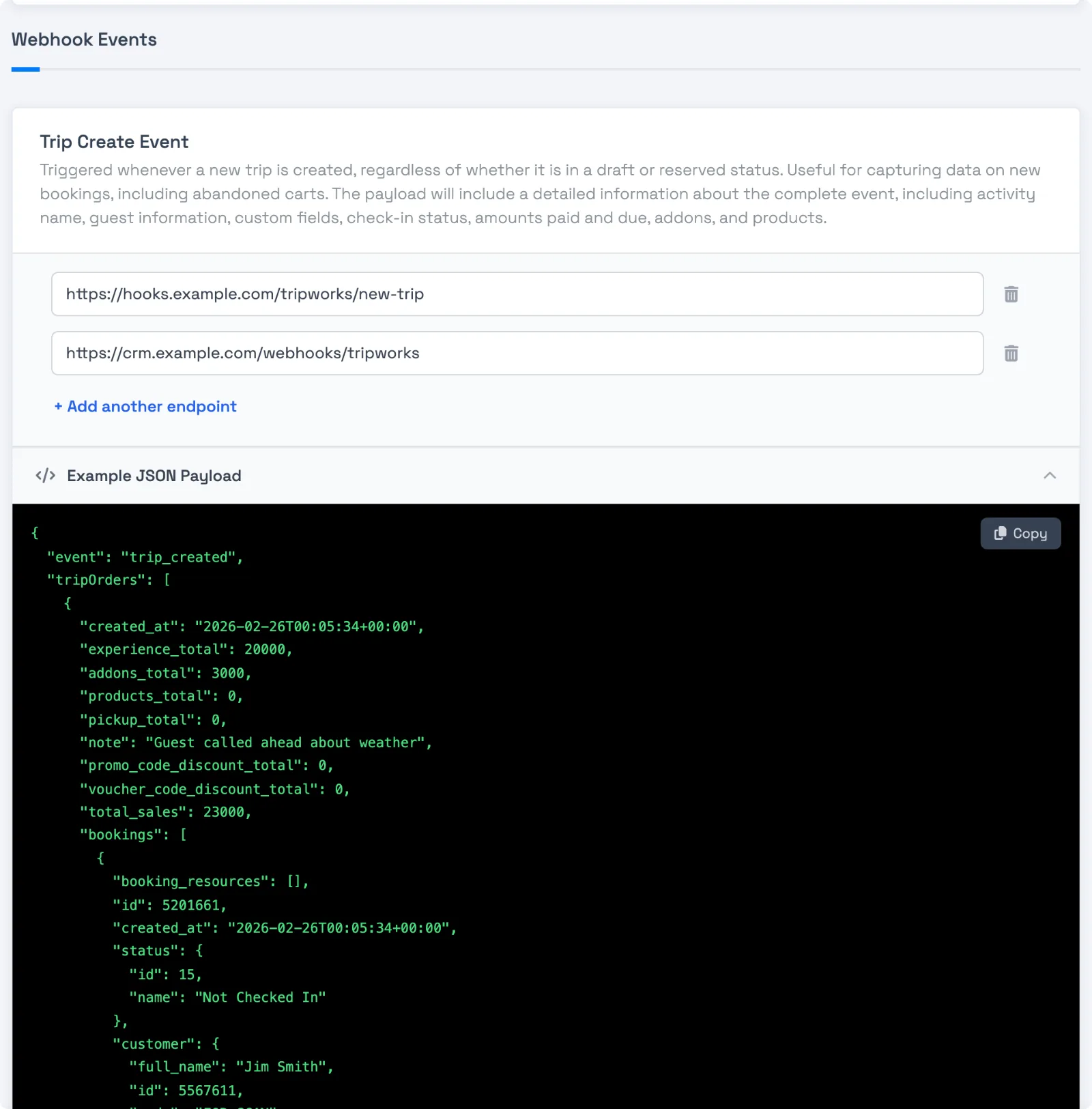 Webhook events in TripWorks: two endpoint URLs on the Trip Create event, Add another endpoint, and the Example JSON Payload panel with a Copy button