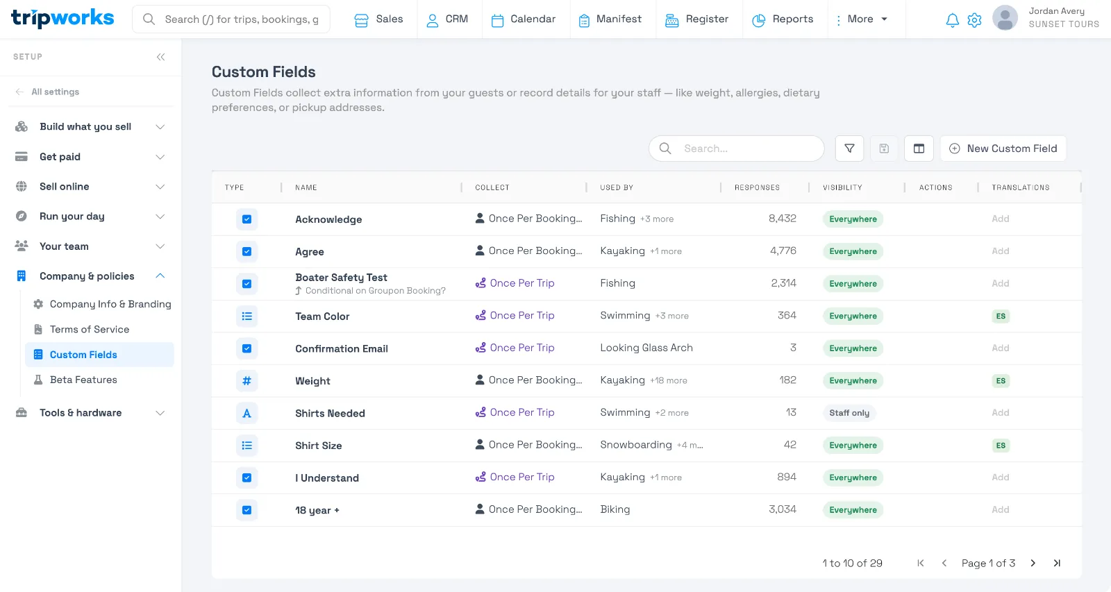 The Custom Fields library in TripWorks, showing fields of different types, collection levels, and visibility all in one list