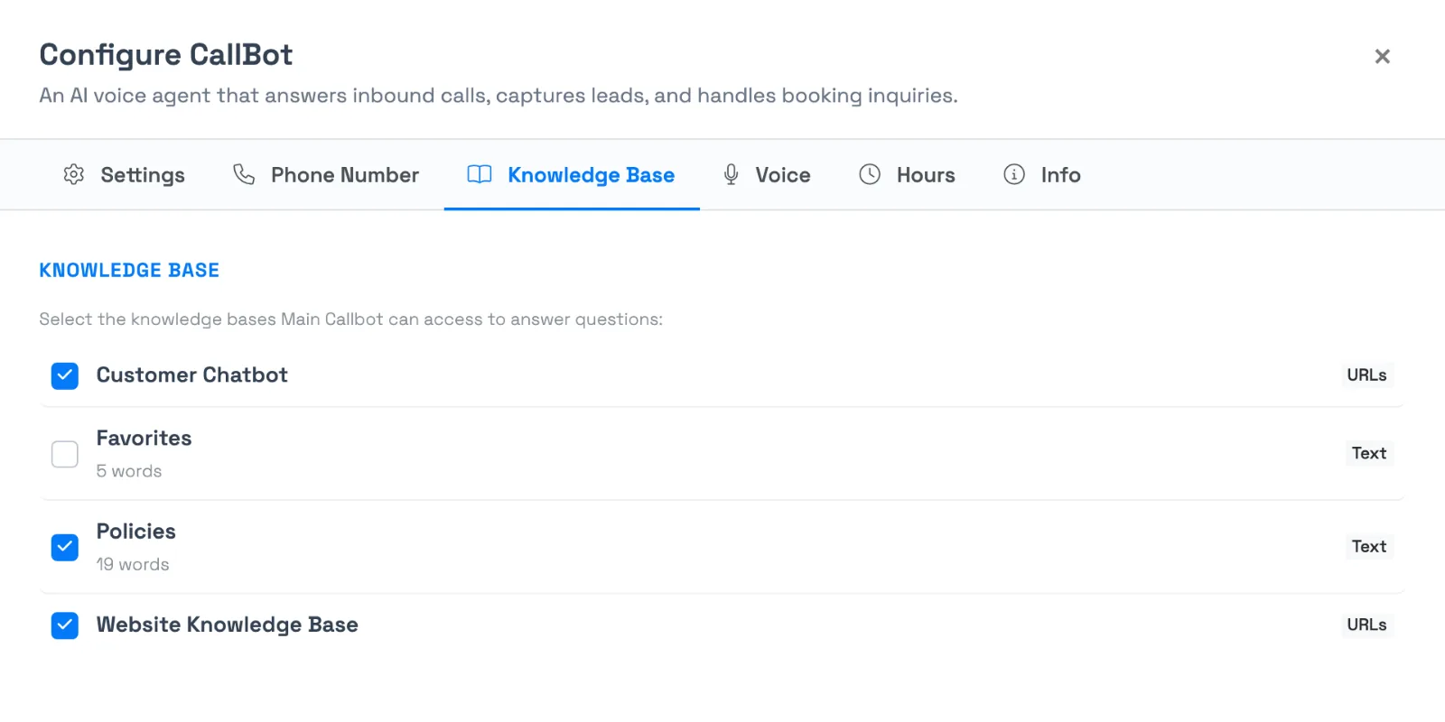 The Knowledge Base tab of the Configure CallBot panel, a checklist of knowledge bases with their type and word count, each with a checkbox to attach it to the callbot