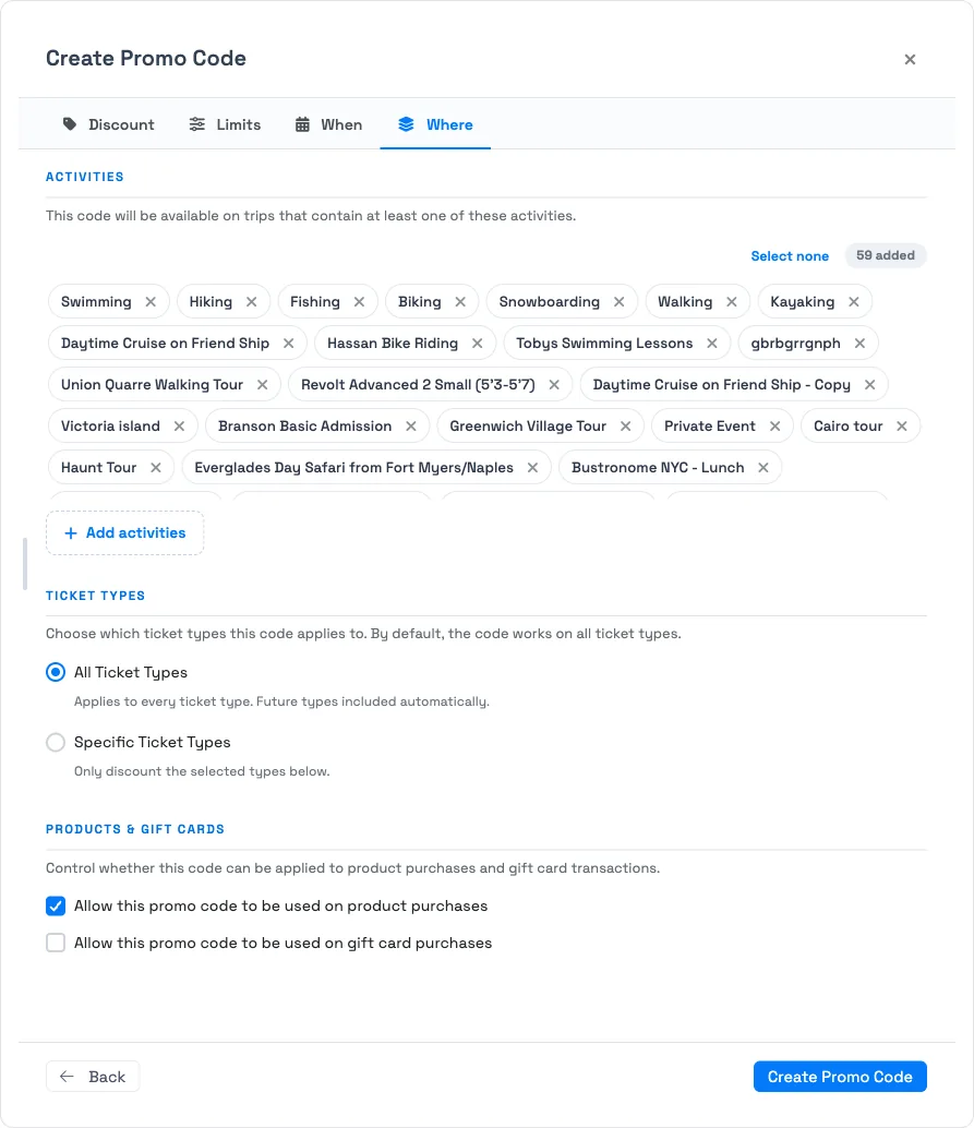 Where a promo code applies in TripWorks — the Where tab scoping activities, ticket types, and product and gift-card purchases