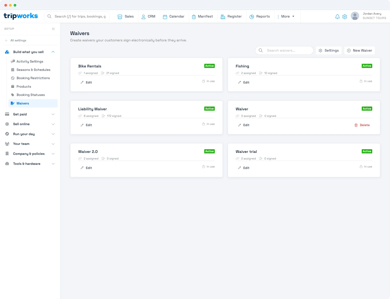 The Waivers setup screen showing a library of waiver templates, each with assigned and signed counts and an Edit action