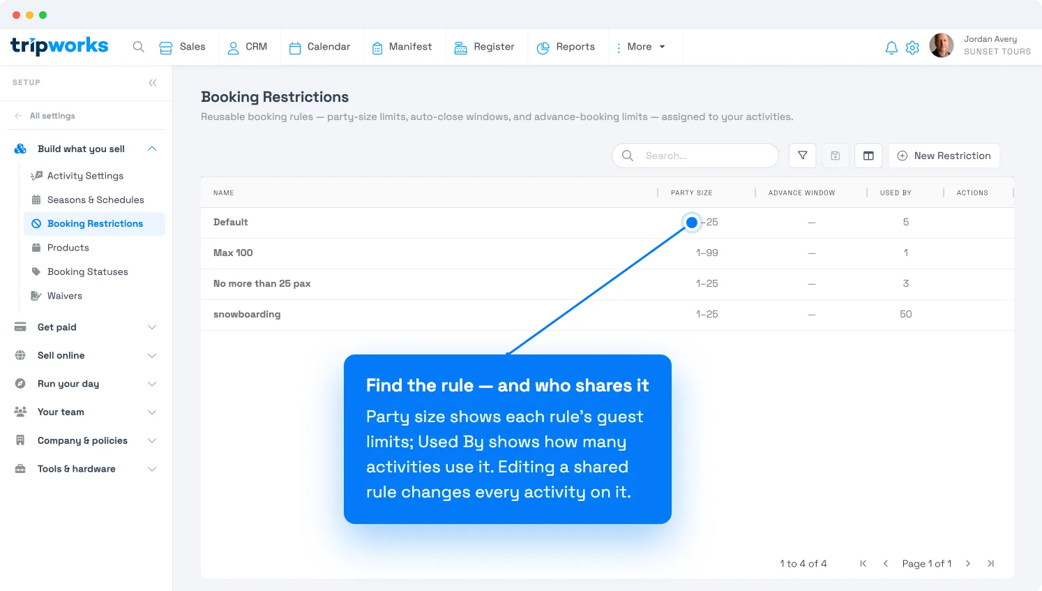 Booking Restrictions list in TripWorks — each rule's party size range and how many activities use it
