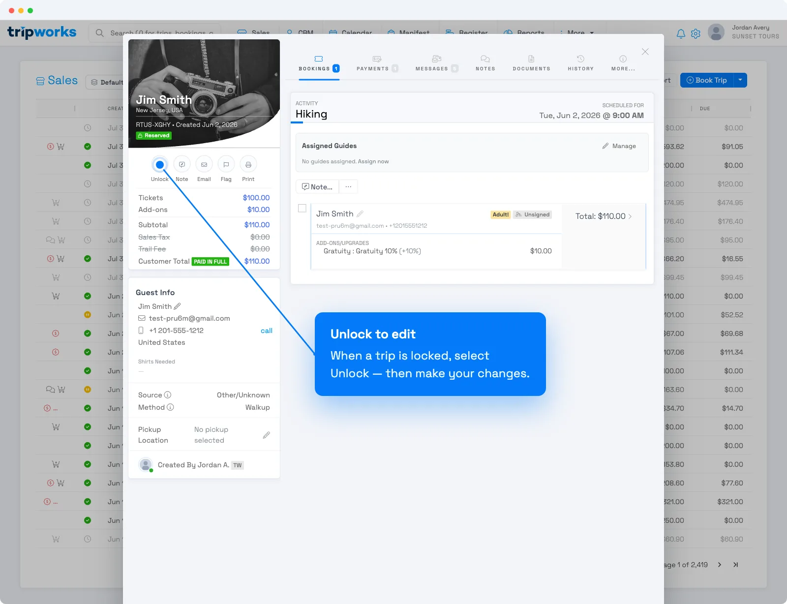 A locked trip in the Trip View with the Unlock button called out at the top of the trip's actions