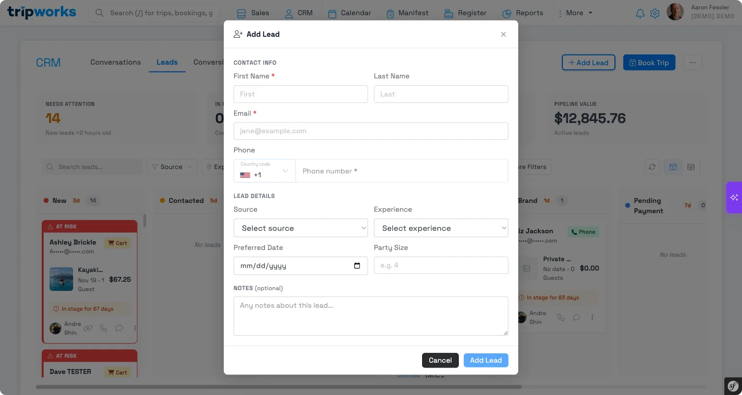 The Add Lead form, with fields for the guest's contact info, source, experience, preferred date, party size, and notes The Add Lead form, with fields for the guest's contact info, source, experience, preferred date, party size, and notes